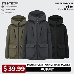 PUFFIT STM-TEX Men’s Multi-Pocket Raincoat,Offering Waterproof,Stain-resistant,Windproof Properties,With 20,000mm Water Column For High Waterproof Performance,Shell Jacket,Spring Jacket,Windbreaker,Dog Walking,School Running,Football Mum