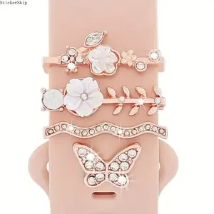 2026 Flower Butterfly Apple Watch Band Charms – 4PCS Jewelry Charm Set for Women, Rose Gold Cute Aesthetic Watch Accessories Fits All Series & Ultra, Feminine Stylish DIY Decoration