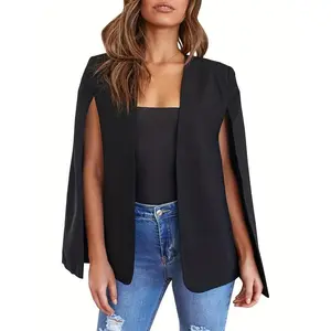 Elegant Women’s Beige Blazer with Chic Split Sleeves – Lightweight, Open-Front Casual Polyester Jacket – Machine Washable, No-Buckle Design for Everyday Elegance