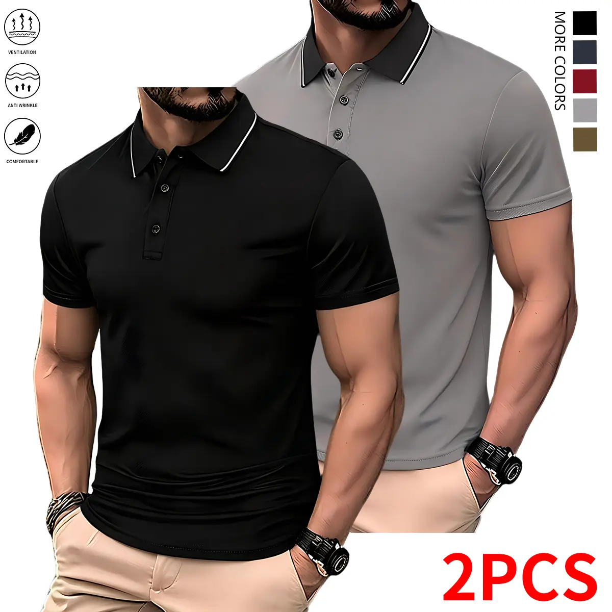 Men’s 2-pack breathable regular golf shirts; men’s casual collared short-sleeve T-shirts; summer solid-color polo shirts available in multiple colors—casual athletic menswear tops