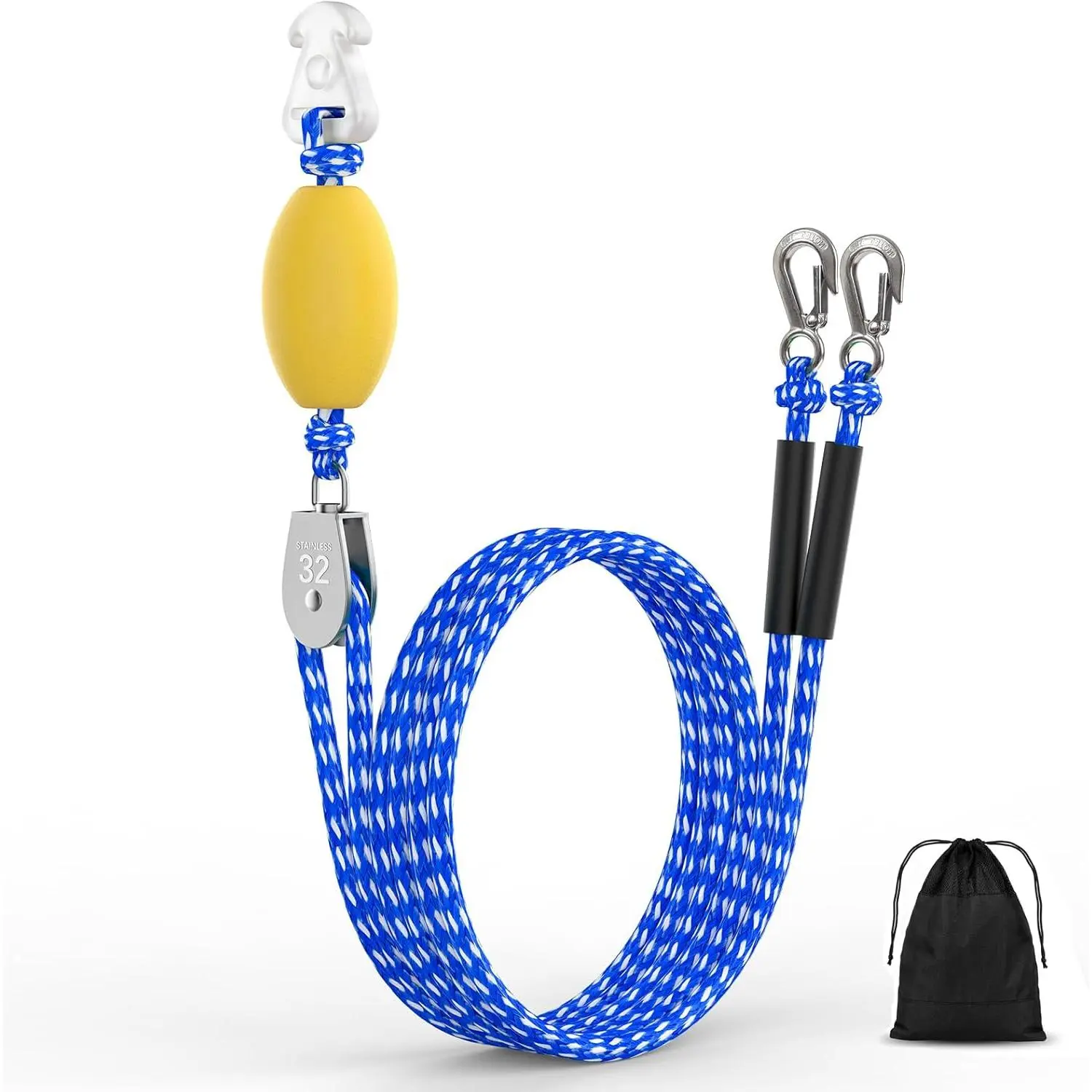 Heavy Duty Self Centering Boat Tow Harness for Tubing, Tow Rope for 1-4 Riders with 360 °   Rotating Pulley and Large Hooks, Floating Towable Tube Rope for Boats