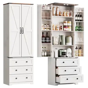 White+brown Farmhouse Kitchen Pantry Cabinet - 72" Tall Large Wood Kitchen Storage Cabinets with Adjustable Shelves & 2 Barn Doors & 3 Drawer, Versatile Storage for Dining Room, Bathroom, Living Room