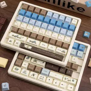 145 Keys Dye-Sub PBT Sea Salt Chocolate Keycaps, Cute Blue Cherry Profile Custom Keycap Set, Compatible with 61/64/87/104/108 Cherry MX Switches, ISO ANSI Layout for Alice Mechanical Keyboards