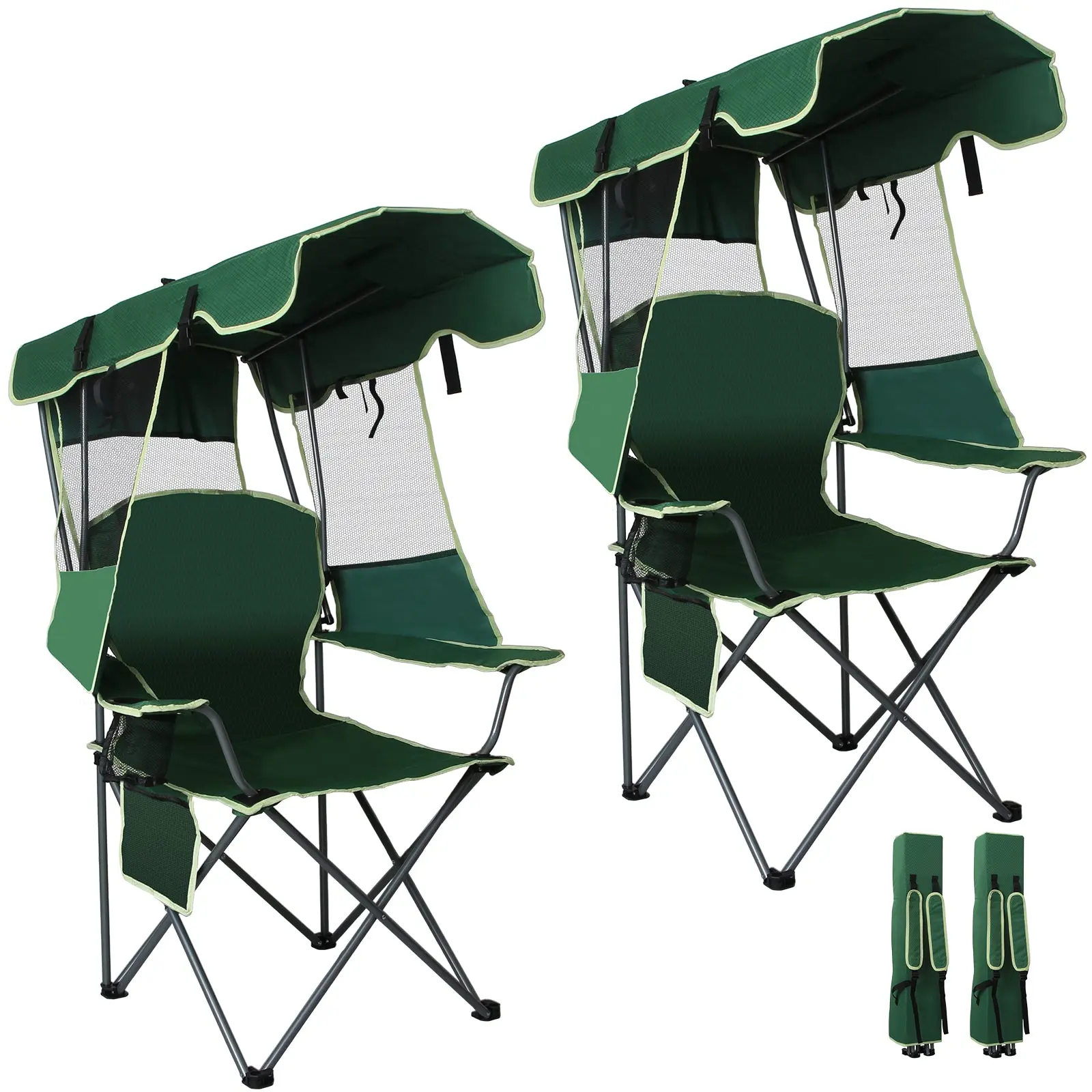 SUNSPIRE Portable Outdoor Chairs with Sunshade 2 Pack Folding Canopy Beach Camping Chair Heavy Duty Travel Lounger with Cup Holder Side Pocket for Fishing Backyard