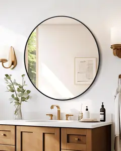 36 in Decorative Circle Vanity Mirror - Single Unit, Black Polished Glass, Metal-Aluminum Frame, Wall-Mounted, High Clarity Float Glass, Modern Rustic Farmhouse Design, Easy Installation for Living Area, Bathroom Decor, Enhanced Reflection