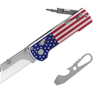 Multitool Folding Utility Knife with Folding Screwdriver, Quick Change Blade, Rail Lock, and Pocket Clip for Men and Women (Stars & Stripes)