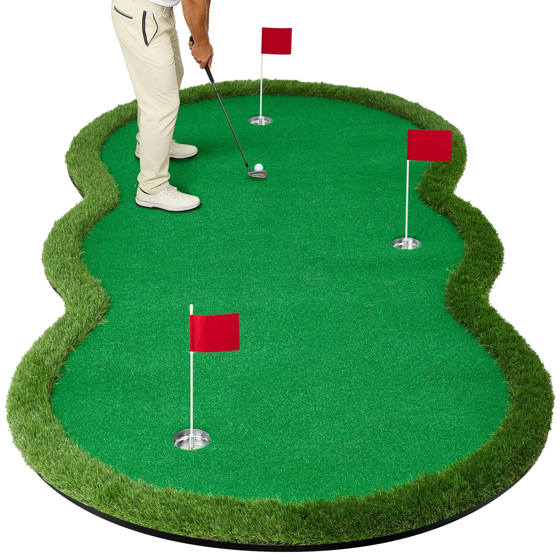10*5ft Golf Putting Green - Roll-Up Easy Dual Turf Putting Mat with 3 Holes & Flags, Indoor/Outdoor Home Practice Mat for Father's Day, Holidays, Birthdays