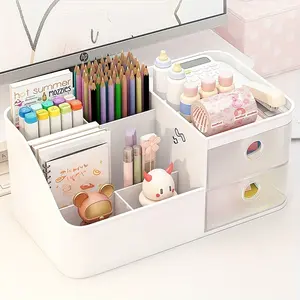 A large multi-compartment tabletop storage box with six compartments and two drawers that can be used as a multi-function stationery pen holder, office supplies storage box, and storage solution for notebooks and pencils in bedroom desks or drawers