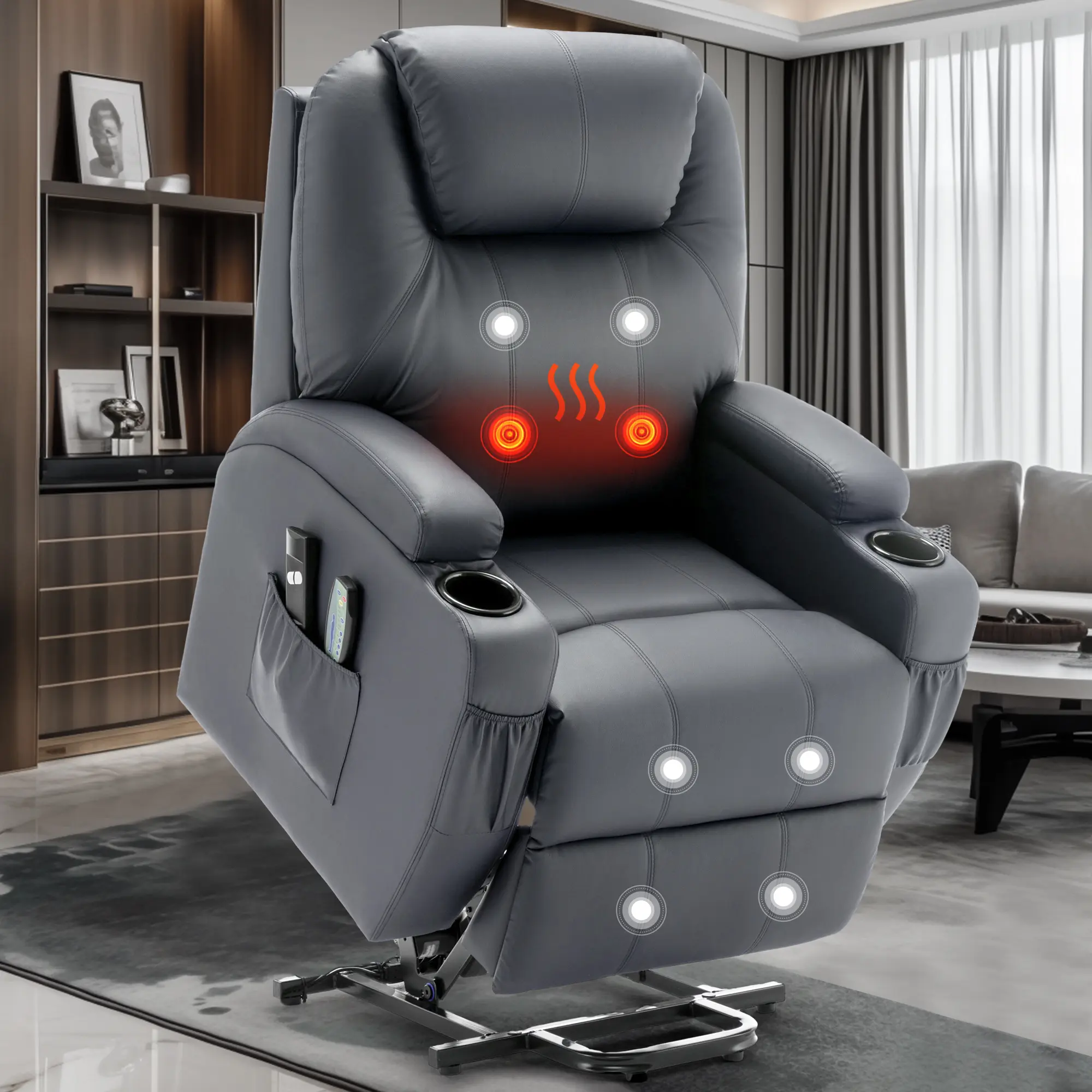 Electric Recliner with Massage and Heating, Modern Reclining Chair with Remote Control, Cup Holder, and Performance Fabrics Comfort Black Storage Pockets