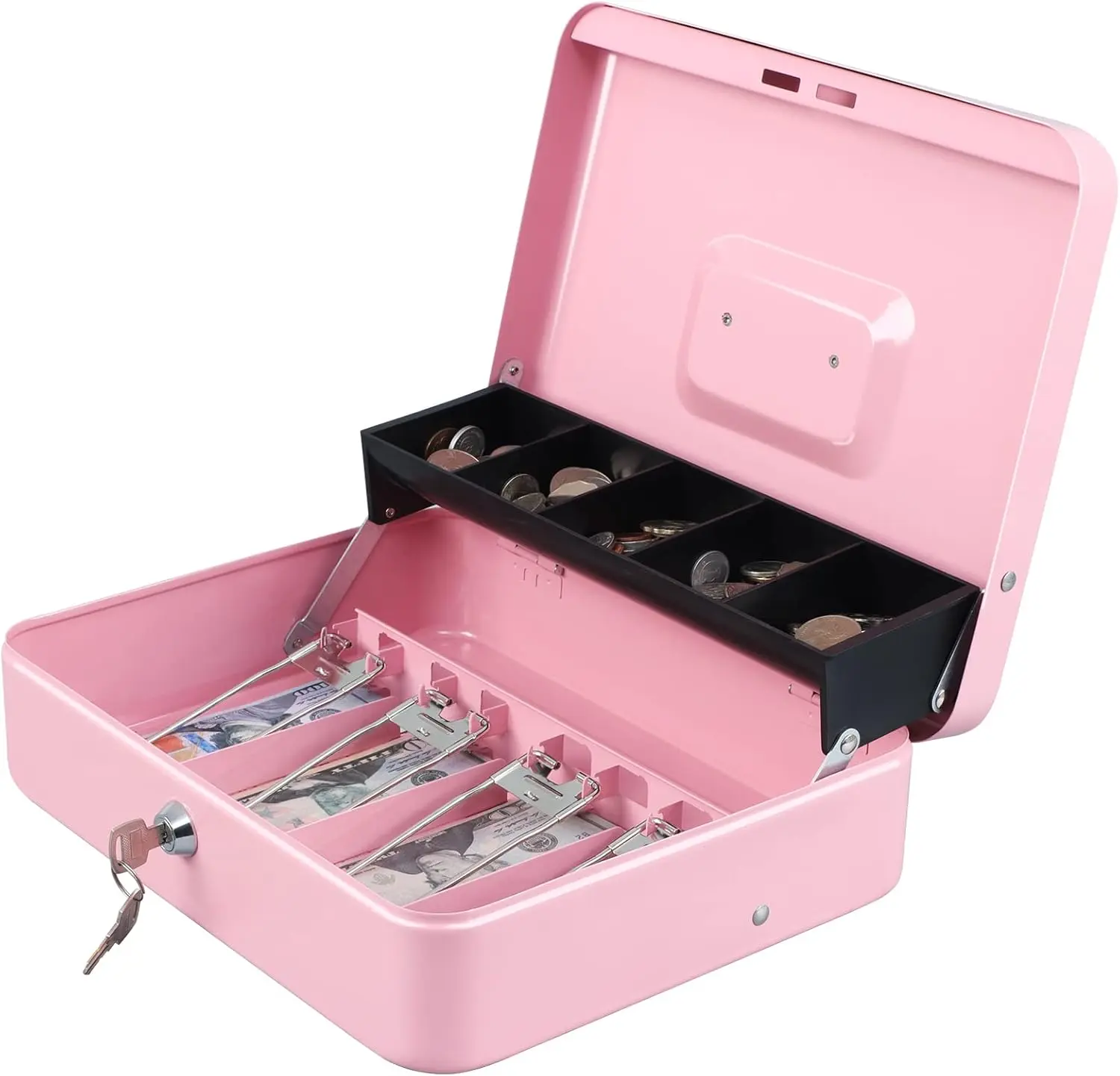 Cash Box with Money Tray and Key Lock,Tiered, Cantilever Design,4 Bill / 5 Coin Slots,11.8" x 9.5" x 3.5",Pink