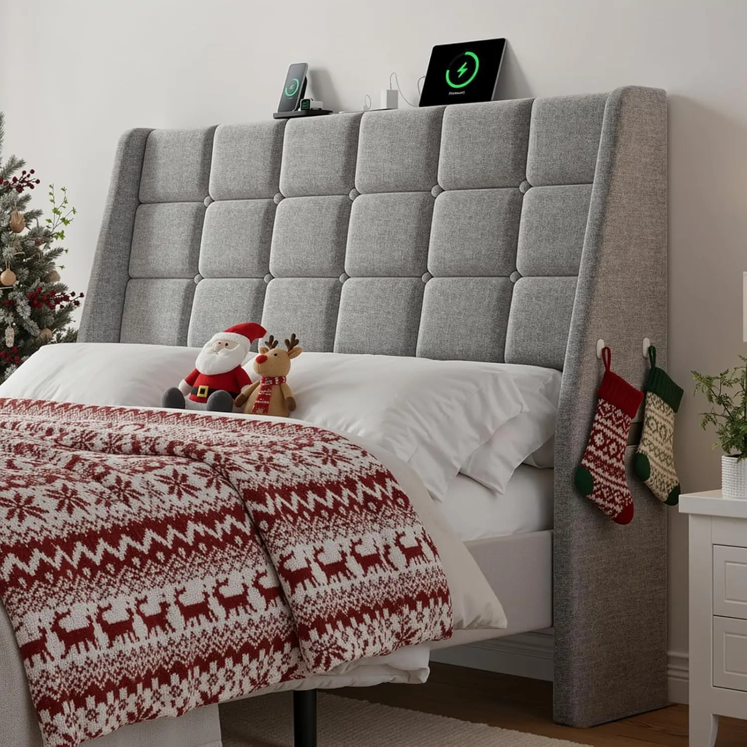 【SummerFinds】ONBRILL Ergonomic Linen Wingback Headboard for Full/Queen Bed Frames, Sturdy Solid Wood, Built-in Outlets & Charging Station, Dual Storage Pockets, Assembly Kit Included, Contemporary Upholstered Modern Platform Bed, Contemporary Upholstered