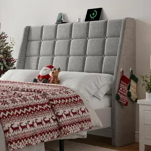 ONBRILL Ergonomic Upholstered Full/Queen Size Headboard w/Charging Station Linen Wingback with Storage Pocket Sturdy Solid Wood Bed Head Board