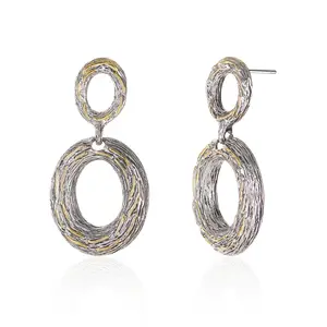 Aprilery Textured Oval Drop Earrings – Dual-Tone Layered Hoops with Artistic Rustic Finish