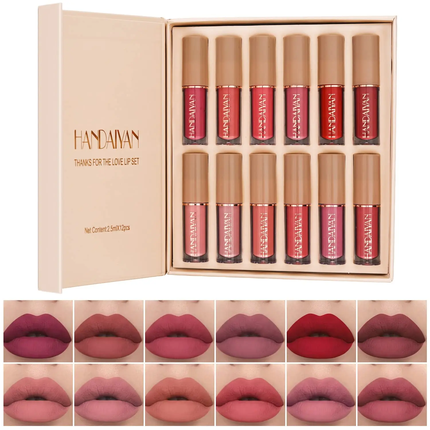 HANDAIYAN 12-Color Book-Style Velvet Matte Liquid Lipstick Christmas Gift Set, Long-Lasting, Non-Stick Cup, Non-Fading, Shimmer Nude, Assorted Lipstick Shades, Lip Gloss