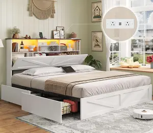 Sikaic Farmhouse Queen Bed Frame with 4 Storage Drawers and Led Lights, Wooden Bed, White Bedroom Bedframe Platform Bedframe
