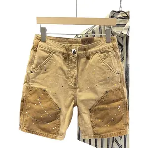 Flarise  Grid Wardrobe Retro Stitch Denim Cargo Shorts Men Color Block Wash Low Waist Wide Leg Cropped Jeans Summer Casual Clothes