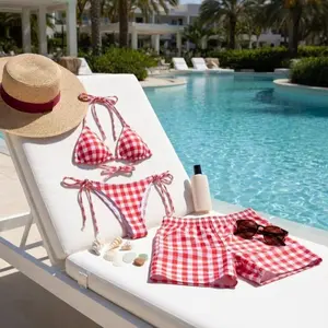 Red Gingham Matching Couple Beach Set, Summer Bikini & Men Shorts, Picnic Outfit, Honeymoon Vacation Wear, Gift for Couples, Beach Party