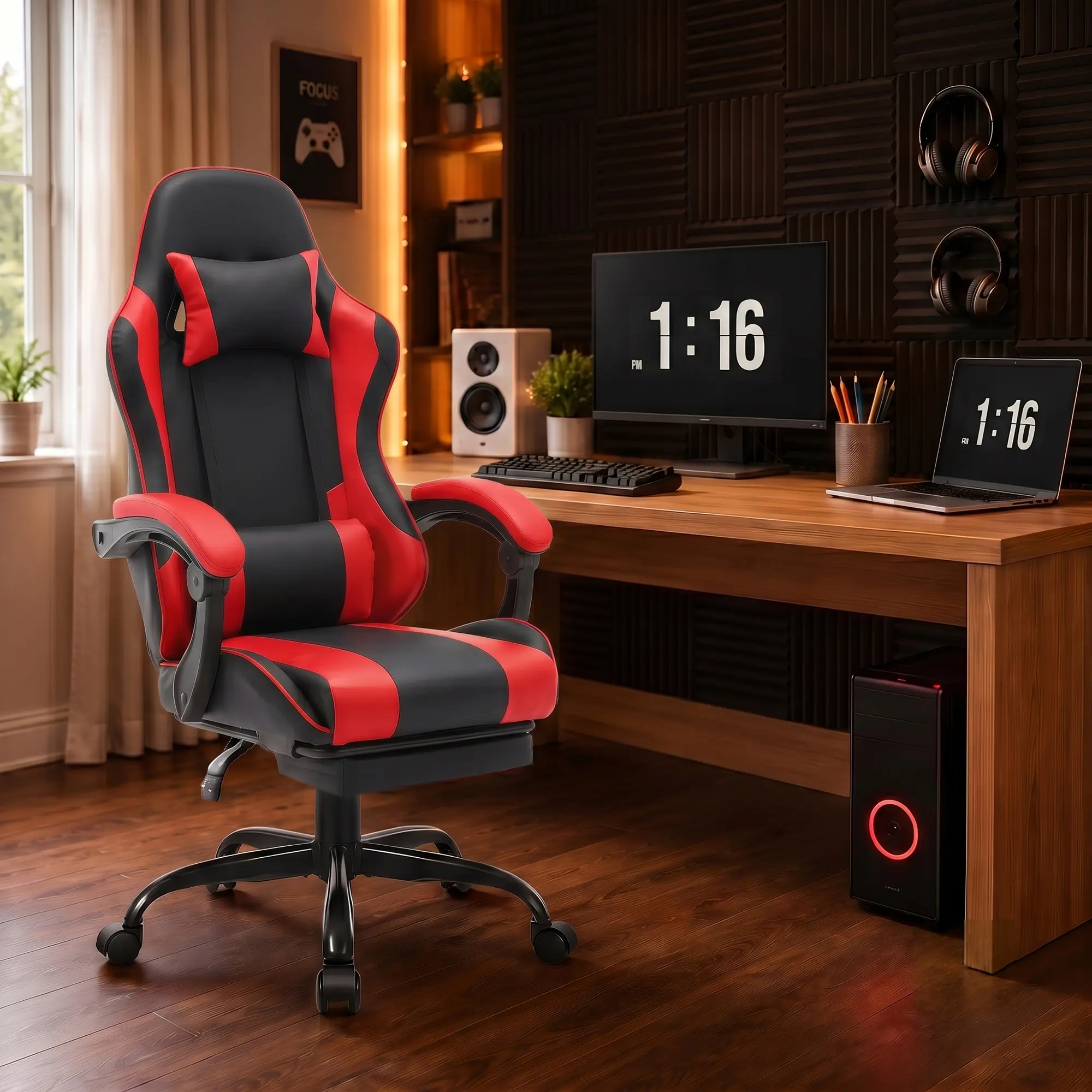 GASEE Ergonomic Gaming Chair High Back Office Chair with Lumbar Support and Adjustable Armrests Swivel Racing Chair, Black Red