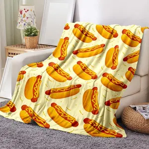 Cartoon Hot Dog Sausage Pattern FlannelBlanket, 1 Piece Soft Throw Blanket With StorageBag For Sofa & Bed, Warm And ComfortableBlanket For Home & Travel