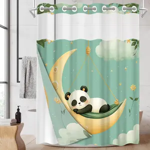 1pc hookless shower curtain with buckle lining, spring panda sleeping moon design 2D flat print, fabric waterproof lining shower curtain with see-through window double layer shower curtain, 71 x 74 inches, modern home curtain decoration.