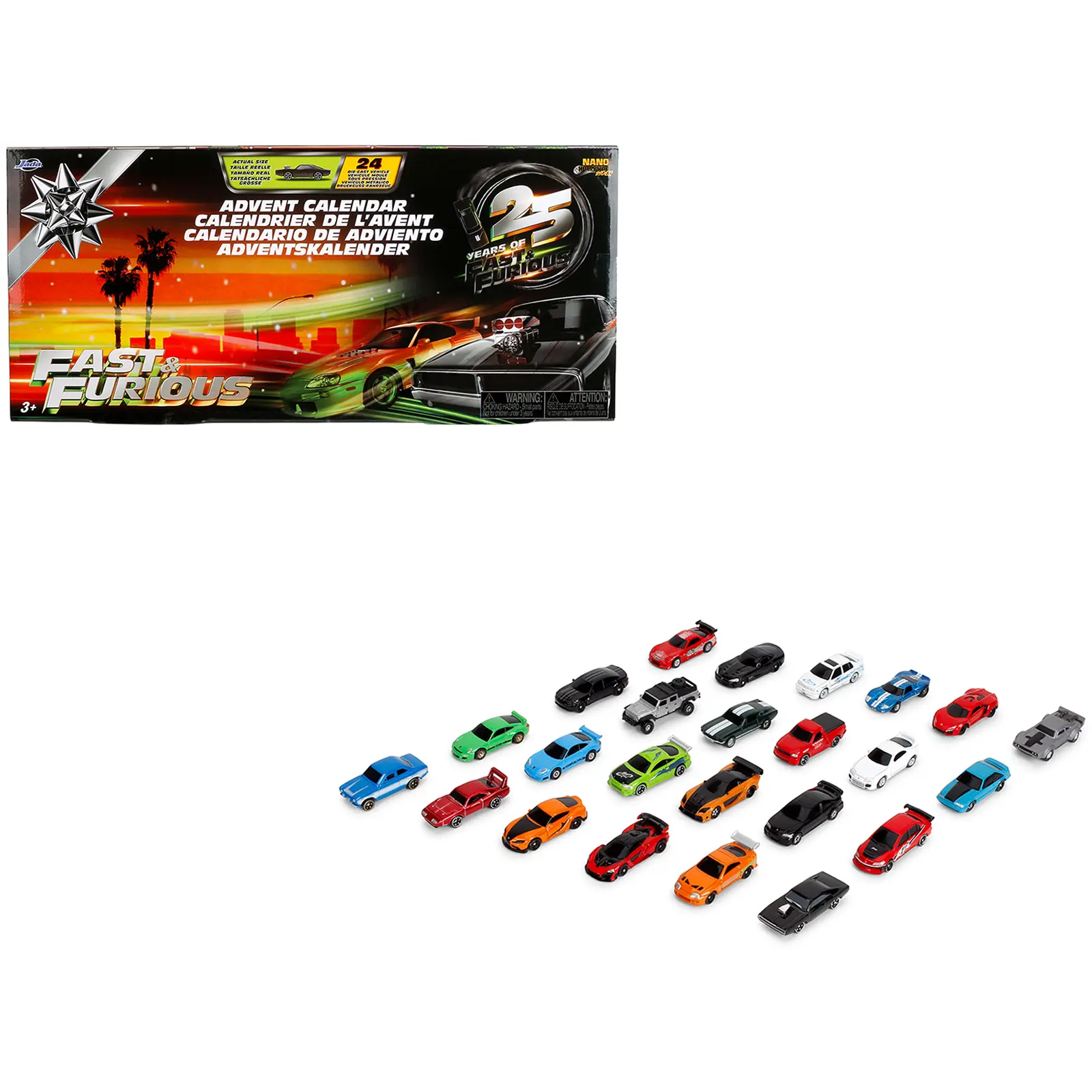 25 Years of Fast & Furious Advent Calendar Set of 24 Nano Cars "Nano Hollywood Rides" Series Diecast Model Cars by Jada