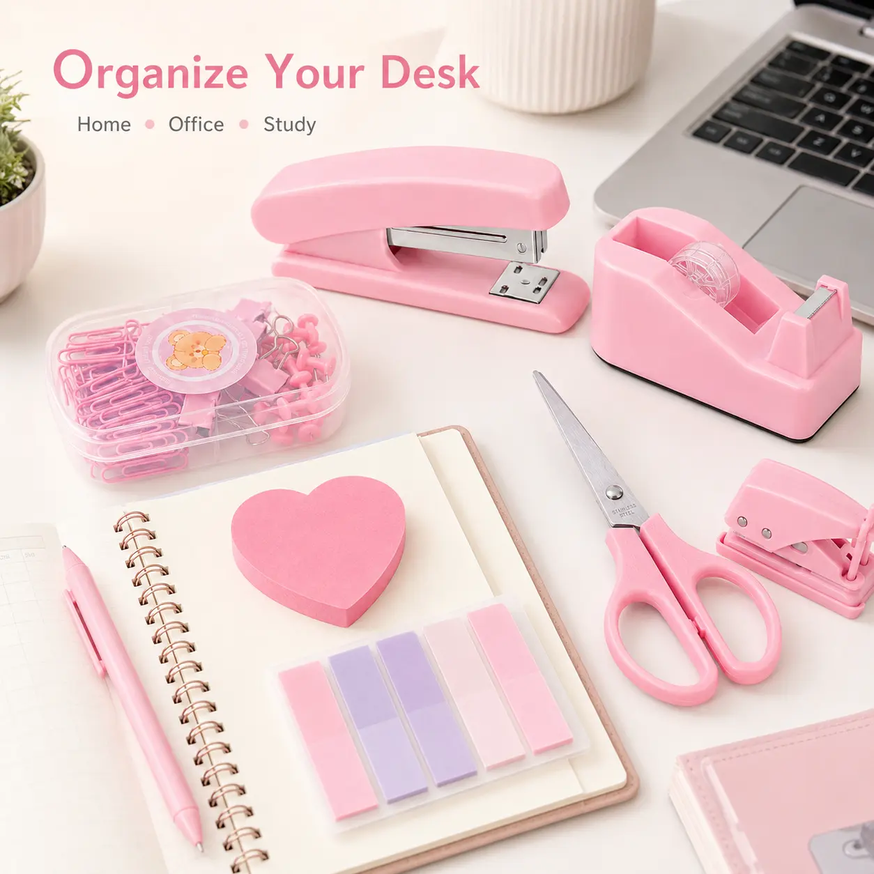 13-Pcs Aesthetic Stationery Set Kit - Office & School Supplies for College Students, Includes Retractable Eraser, Stapler, Tape Dispenser, Hole Punch & More to Organize Desk (Multi-Colors)