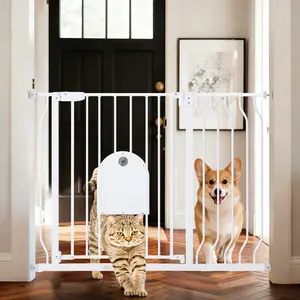 PAWGIANT 29.5-43.7" Pet Gate with Adjustable Cat Door,Extra Wide Metal Cat Gate for Stairs Doorways, Auto Close Dog Gate with Pet Door for House, Pressure Mounted Easy Walk Through, Baby gate (30" Tall, White)