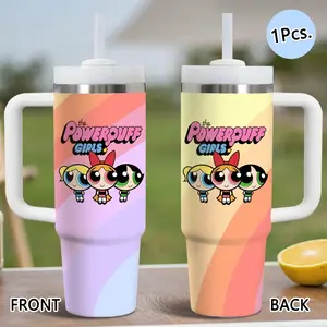The Super P-Powerpuff Girls Vacuum Flasks 40oz Stainless Steel Tumbler with Handle & Straw, Vacuum Insulated Travel Mug Keeps Drinks Cold Up to 34 Hours, Leak-Resistant Cup, Tumbler Reusable Cup, for Office, Gym or Travel