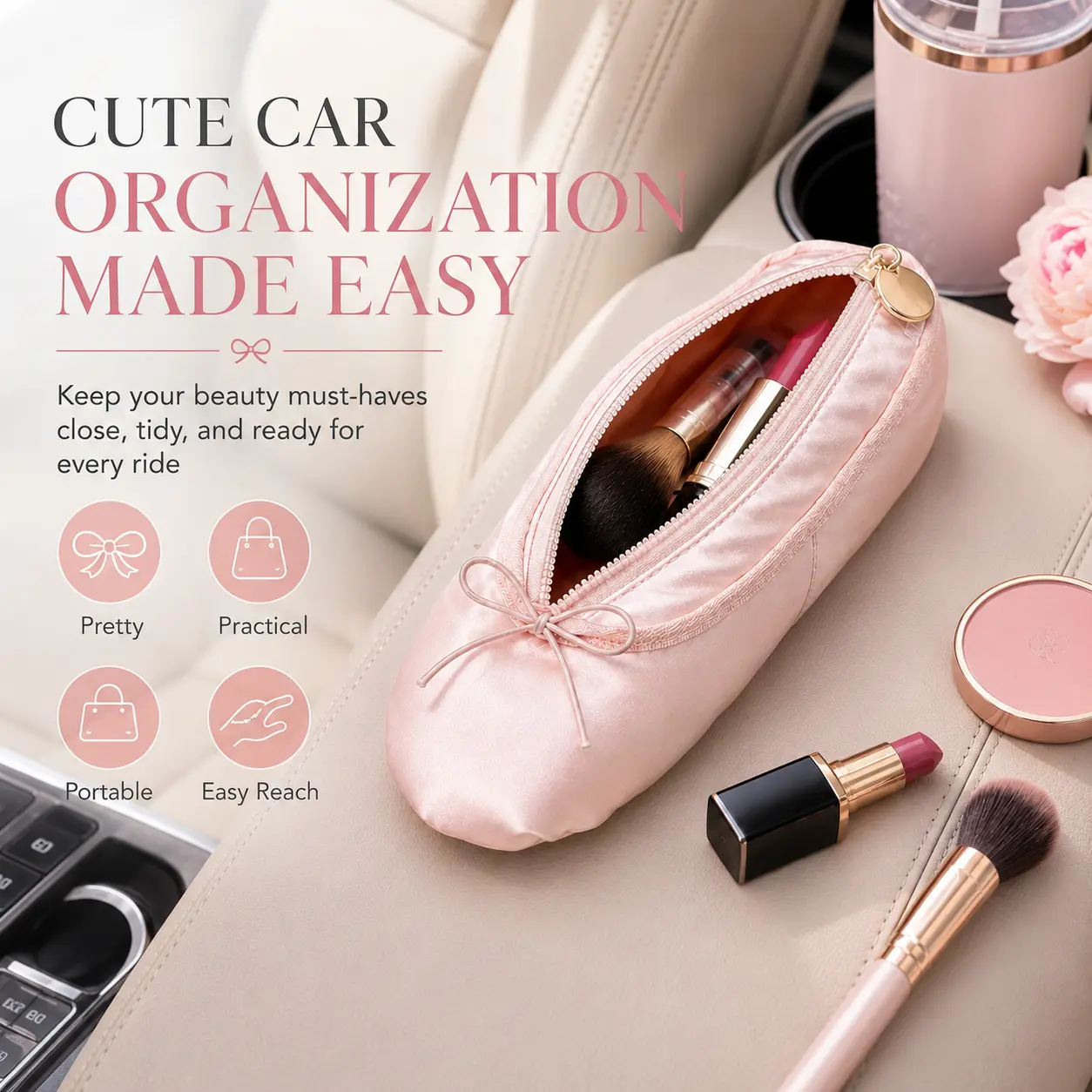 Elegant Pink Ballet Flat Car Storage Pouch, Premium Satin Travel Organizer for Jewelry Keys Makeup, Aesthetic Vehicle Interior Accessory Bag, Car Essentials cool car stuff women