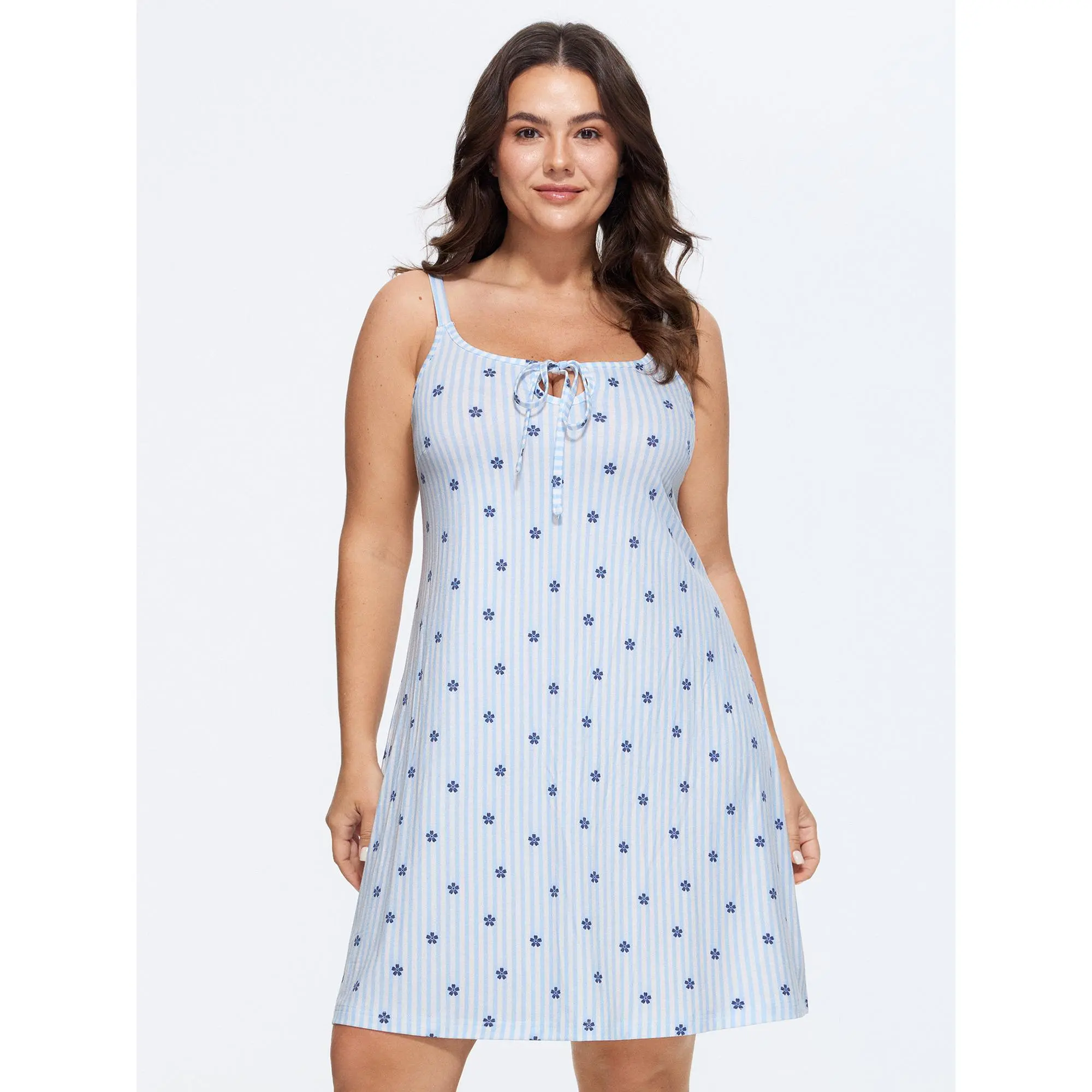 BloomChic Plus Size Ditsy Floral Nightgown in a Supersoft Stretchy Spandex Fabric, Sleeveless Lace-Up Loungewear, Garment, Nightwear, Stretchy Fabric, Adults, 19% Rayon, Do Not Tumble Dry, 76% Polyester, Cold Wash, Tie Closure