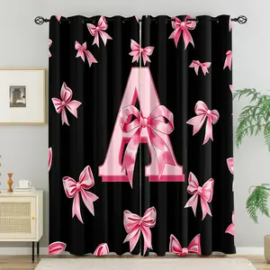 2 Panels Cute Pink and Black Bow Curtains,Princess Monogram Initial A Print Curtains, Preppy Coquette Bows Blackout Curtains,Girly Room Decor Decoration Curtains with Grommet Top, For Girls Kids Teens Girly Room Decor