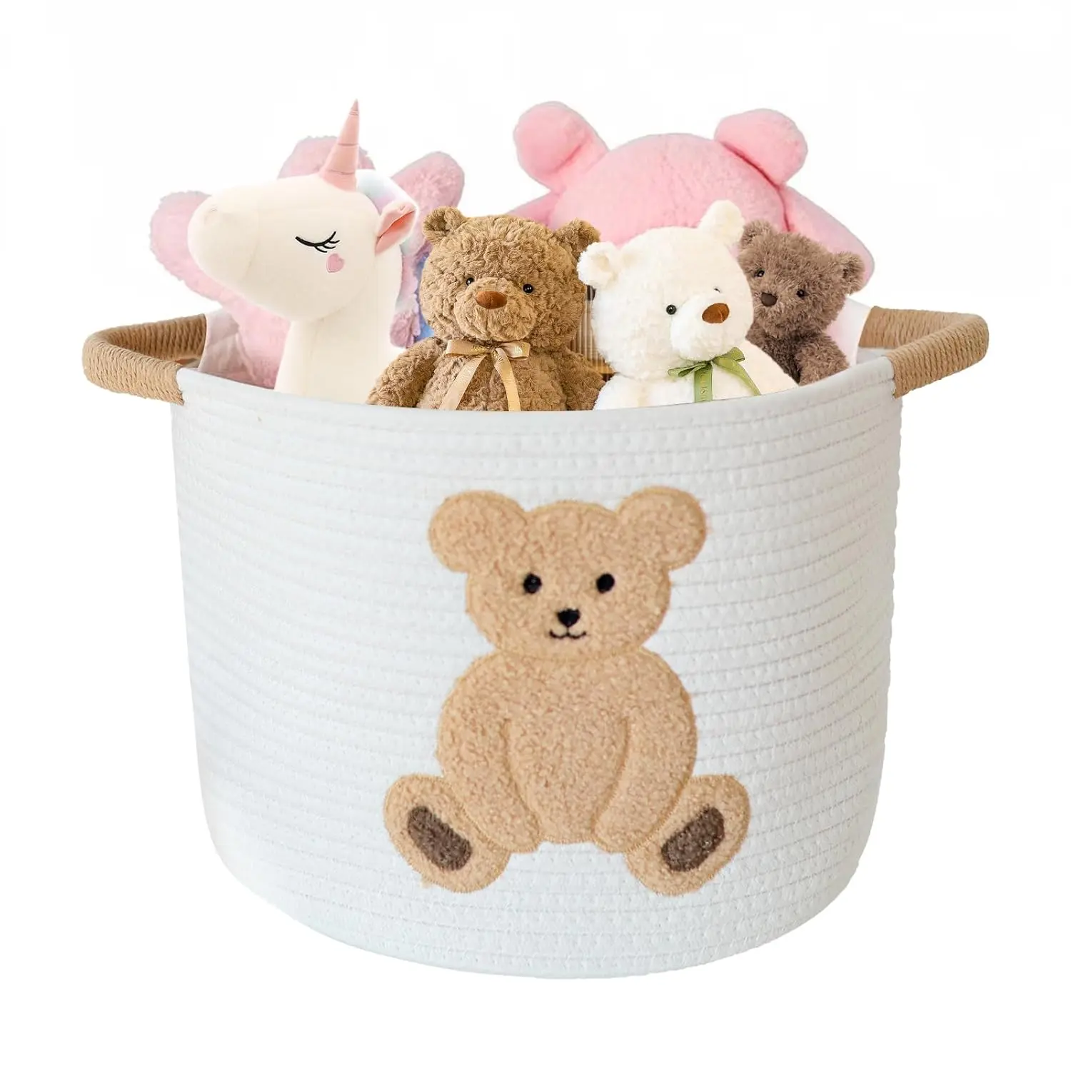 X-SBB10 Cotton Rope Basket Toy Storage Baskets for kids Laundry Hamper, Gift Basket Empty Baby Shower Baskets with Handles, Cute Bins Blanket Stuffed Animal Storage for Nursery, Living Room Decor, Bear Lightweight Organiser