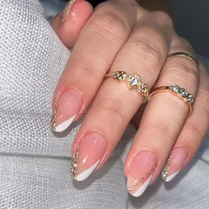 24pcs Short Almond Press-On Nails, Elegant Nude French Manicure with Tips & Gold Glitter Lines, Adult Nail Art Set