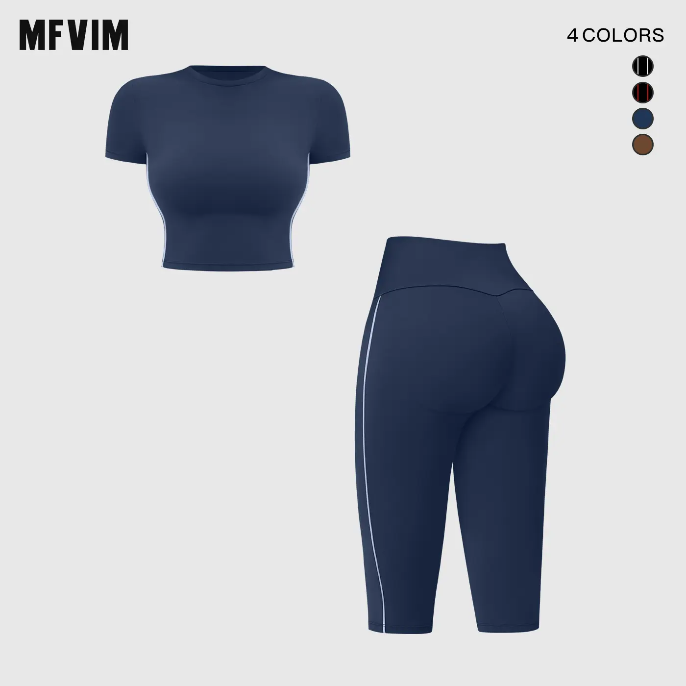 MFVIM Women’s New Color-Block Line Short-Sleeve Yoga T-Shirt Set with High-Waisted, Waist-Defining Capris — High-Stretch Two-Piece Activewear Set