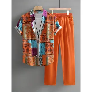 GGOR Summer New Street Fashion, Floral Striped Hawaiian Beach Suit, Men'S Casual Suit