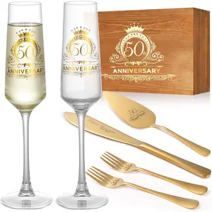50th Wedding Anniversary Champagne Flutes Gifts, 50th Anniversary Decorations Gold Cake Cutting Set for Wedding Anniversary 50th Gifts for Parents