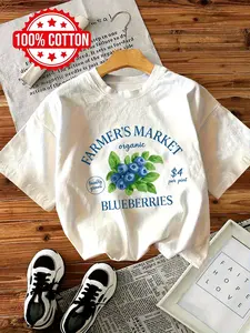 [Halloween Christmas Limited Edition]Unisex Casual Graphic T-Shirt - Vintage Farmers Market Blueberry Print with \"Locally Grown BLUEBERRIES\" Text, 100% 180G Casual Crew Neck Short Sleeve Summer Top - S-3XL Soft Printed T-Shirt