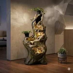 40-in Modern Resin Outdoor Waterfall Fountain with LED Lights - Garden Water Feature for Patio, Backyard Decor