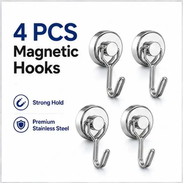 4PCS Heavy-Duty Magnetic Fridge Hooks, Strong Removable No-Drill Hangers for Kitchen Organization, Metal Cabinets, Lockers & Renter-Friendly Spaces