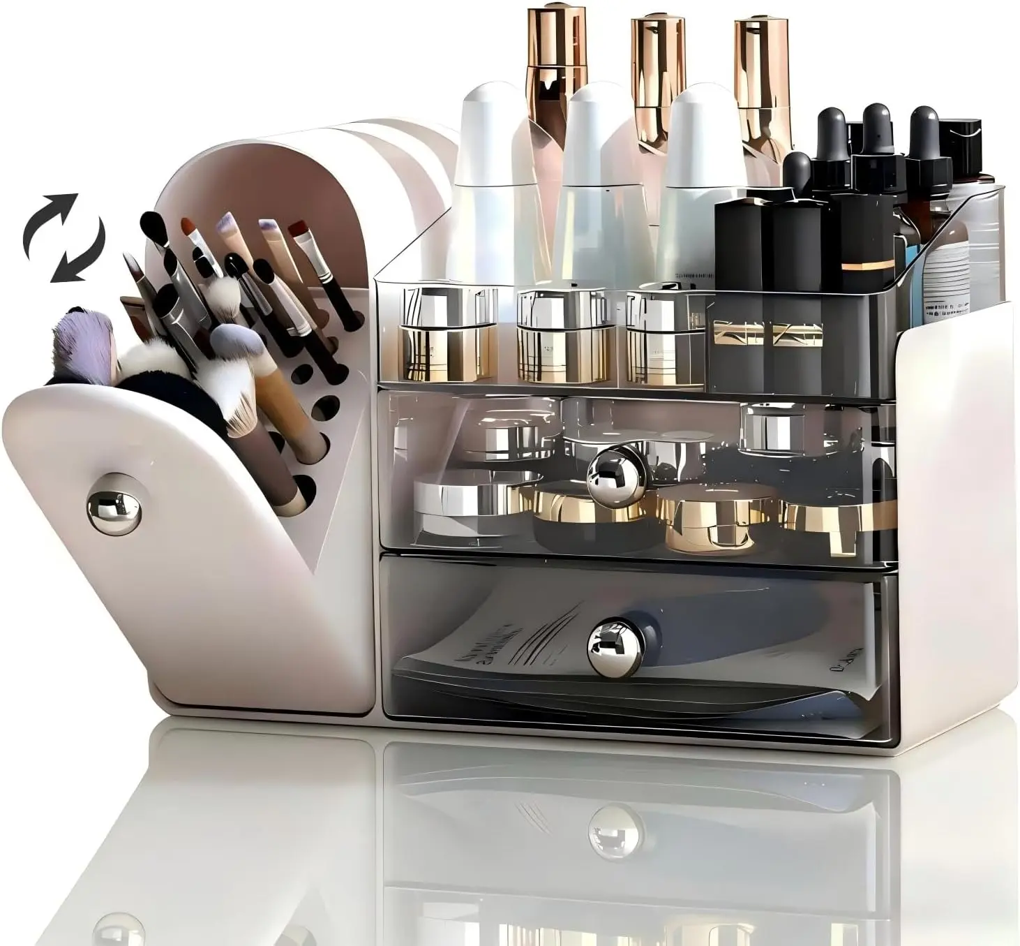 Makeup Organizer for Vanity with Covered Brush Holder，Bathroom Organizers with Drawer，Skin Care Organizer，Makeup Organizers for Vanity with Drawer，Large Makeup Storage for Dresser