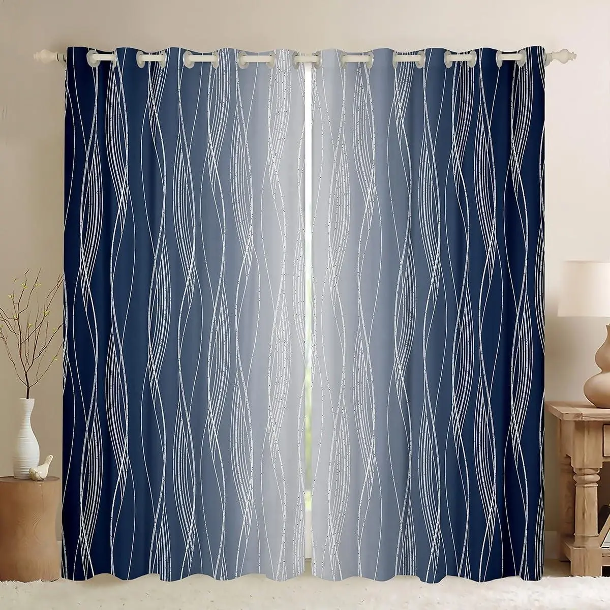 Navy Blue and Greyish White Curtains Drapes Abstract Geometric Ombre Blackout Curtains Dark Blue Gray Gradient Window Curtains Bedroom Living Room Silver Wavy Line Decor