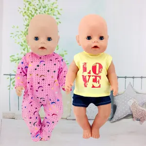 2 Sets 14-16 Inch Baby Doll Clothes, New Born Doll Outfits Doll Clothes Accessories include  Top & Denim Shorts, Shiny Velour Romper For 18-Inch Dolls, for 43CM Soft Body Dolls Perfect Gift for Girls' Christmas & Birthday Parties (doll Not Included)