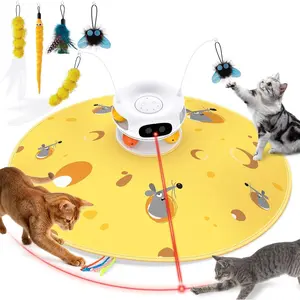 Interactive Cat Toys for Indoor Cats, 5 in 1 Rechargeable Automatic Cat Toy with Laser, Motion Activated Hide and Seek, Fluttering Feather & Dual Track Balls with Chirping for Bored Cats
