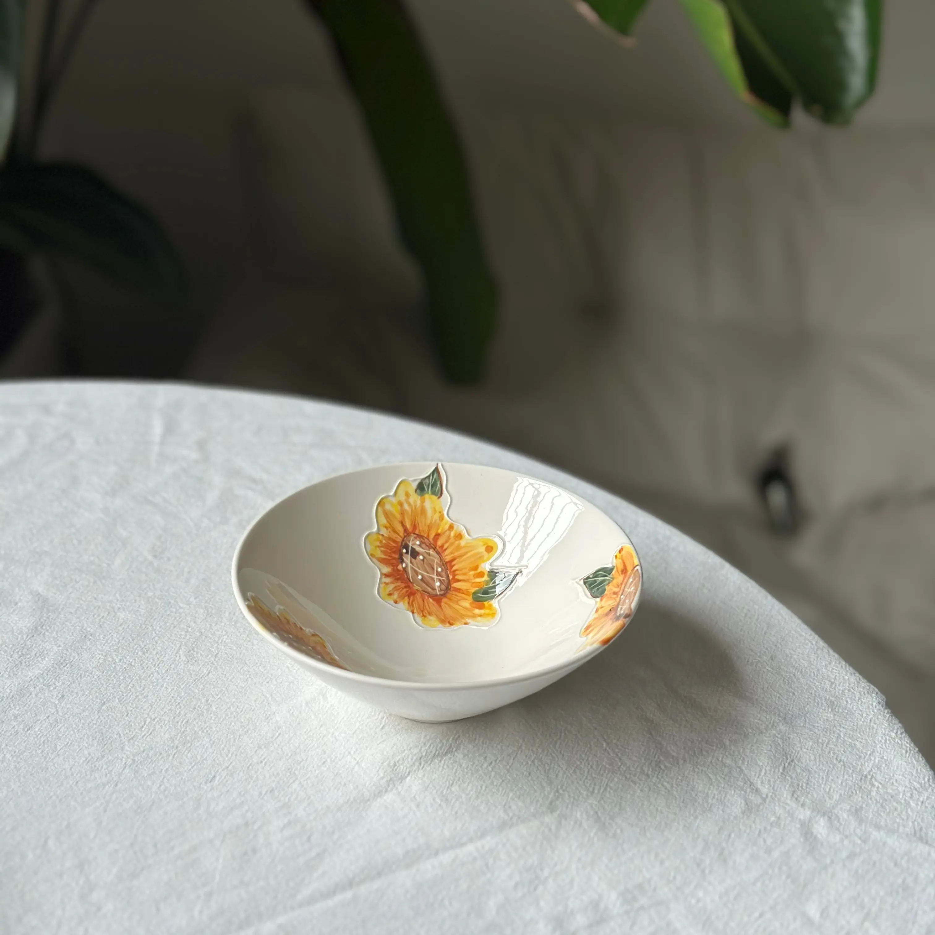 Handmade pottery bowl with yellow orange sunflower. Flower ceramic tableware. Birthday, wedding, festival gift.