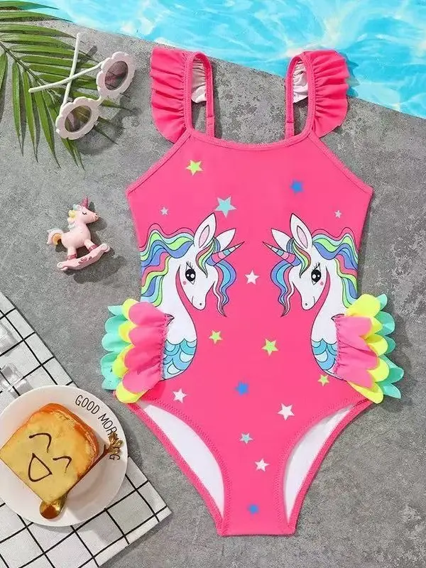Girls' Nylon Sleeveless 1-Piece Ruffle Trim Swimsuit - Cartoon Unicorn Graphic, Star Accents, Dreamy Princess Style Beachwear for 3-4y,4-5y,5-6y Toddler Girls' Swimming Bathing Suit, Swimsuits Swimwear, Toddler Girls Swimsuit