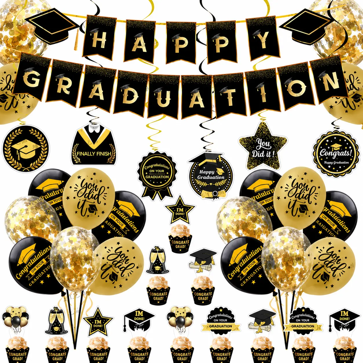 Black Gold Graduation Decorations Set, Happy Graduation Banner, Confetti Balloons, Cupcake Toppers, Congrats Grad Party Supplies for Graduation Celebration 2026