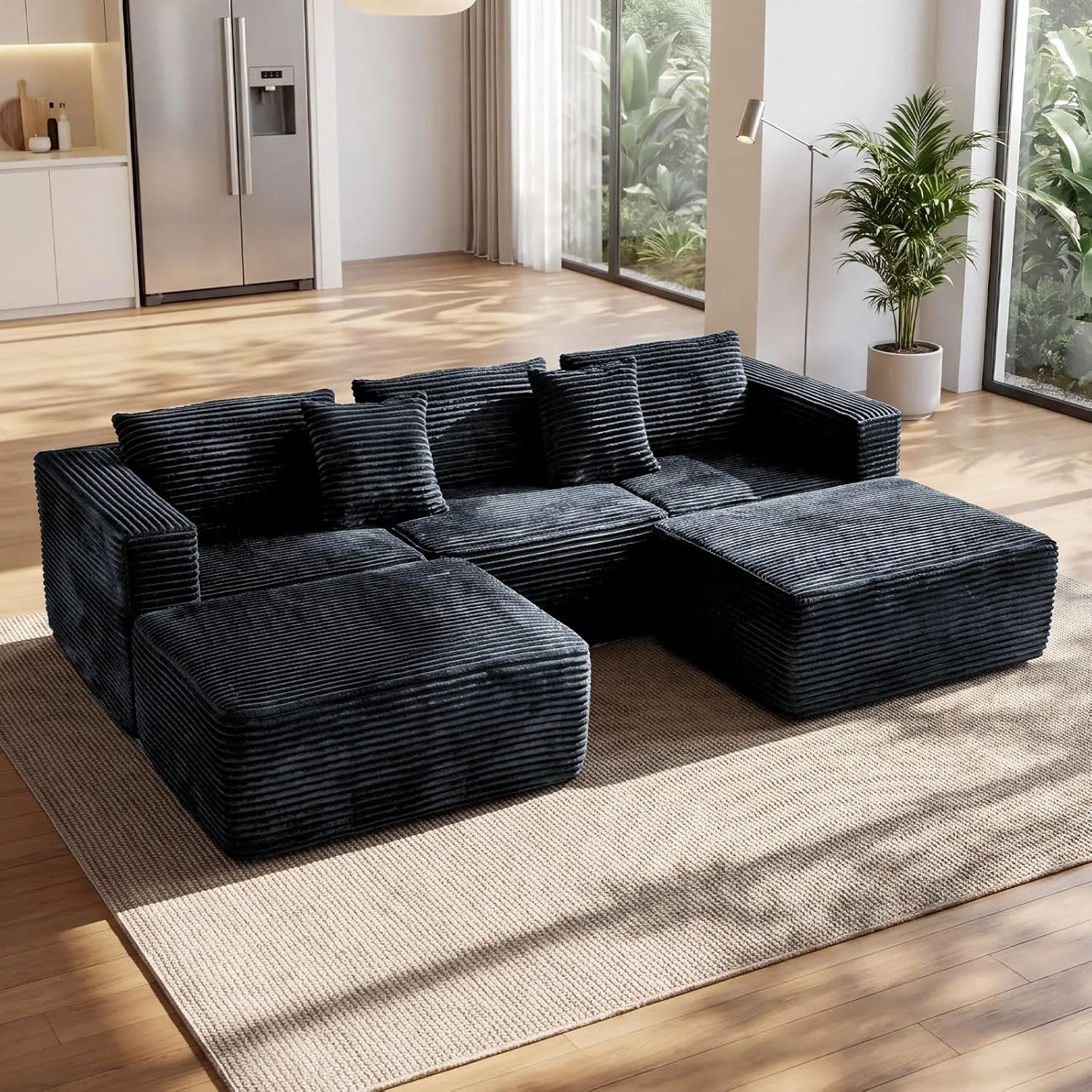 110" Modular Sectional Couch with 2 Movable Ottoman, Cloud Sofa Couches for Living Room, U Shaped Deep Seat Boneless Sofa,Luxury Corduroy Fabric, No Assembly Required Grey