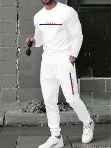 Men's Long Sleeve Top and Drawstring Sweatpants Set, Paris Letter Print, Casual Fashion Comfort Knit Fabric, 2 Piece Set