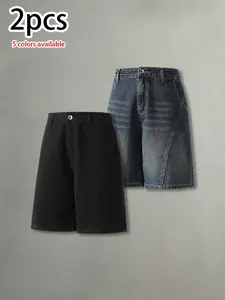Available in packs of 4, 3, or 2; summer men’s washed, distressed denim shorts featuring a retro deconstructed patchwork design—casual, versatile, loose athletic denim shorts.summervibes