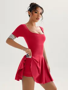 5 pcs women’s square-neck cross-back waist-cinching tennis dress, anti-exposure design, pockets, high stretch, quick-dry short-sleeve athletic casual dress